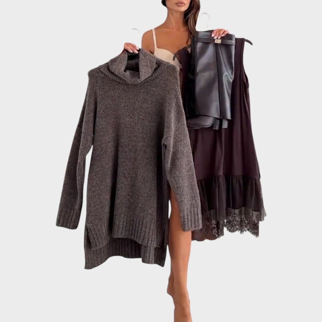 Bonnie – Oversized Strick- und Spitzenkleid-Set