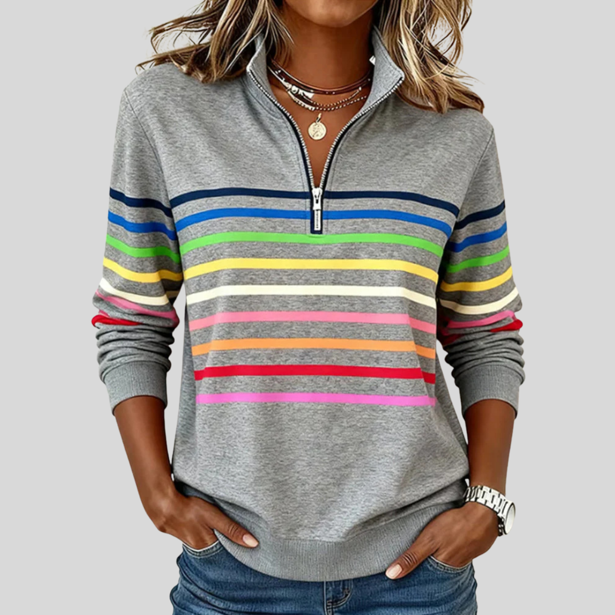 Annie | Gestreiftes Sweatshirt mit kurzem Reißverschluss