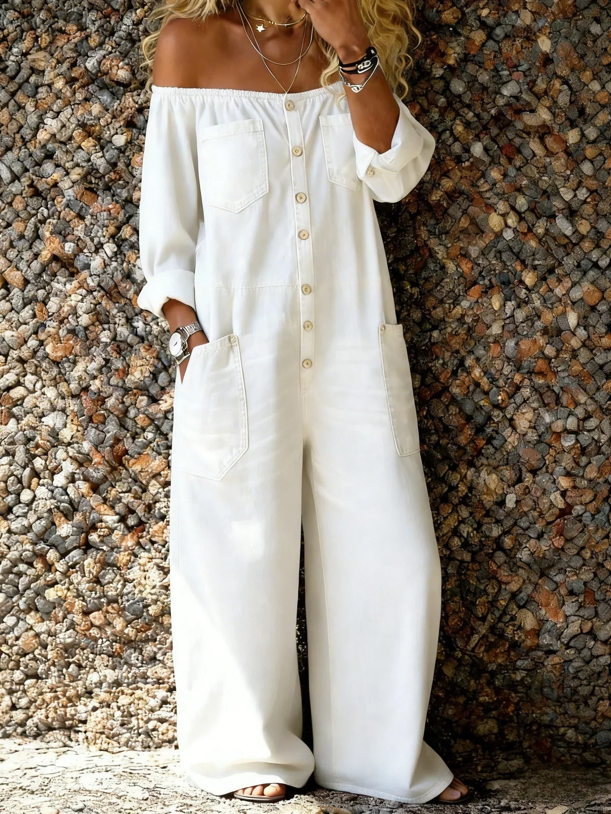 Veda - Off-Shoulder Denim-Jumpsuit mit lockerer Passform