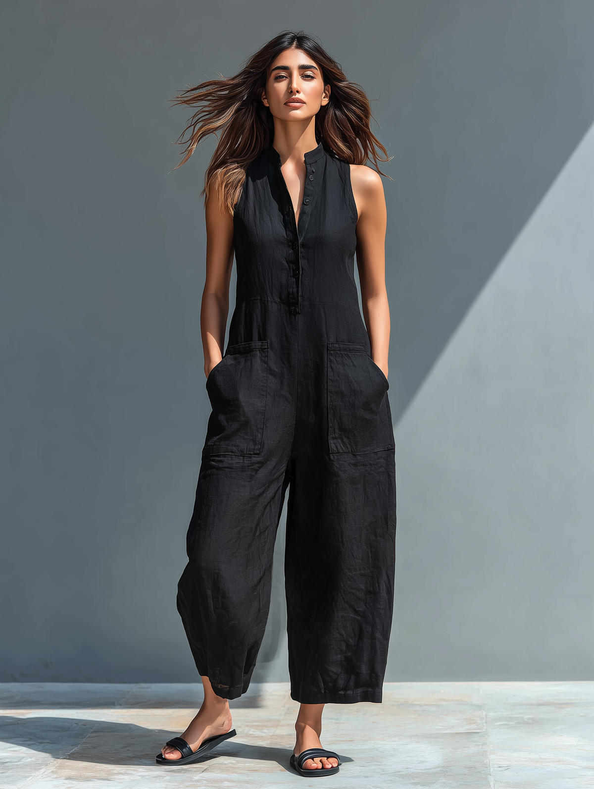 Larson - Ärmellose minimalistische Latzhose aus Mischleinen für Damen mit hohem Kragen und Knöpfen