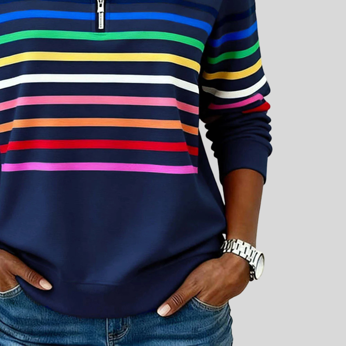 Annie | Gestreiftes Sweatshirt mit kurzem Reißverschluss