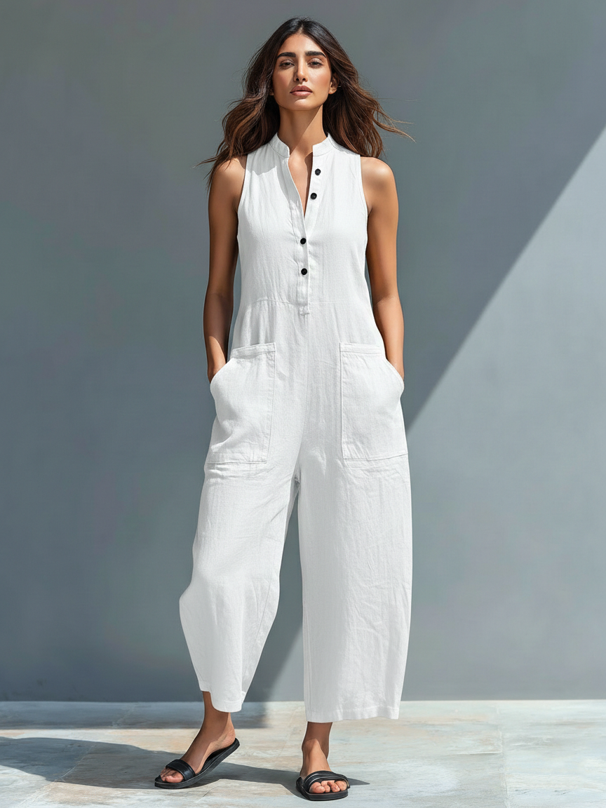 Larson - Ärmellose minimalistische Latzhose aus Mischleinen für Damen mit hohem Kragen und Knöpfen