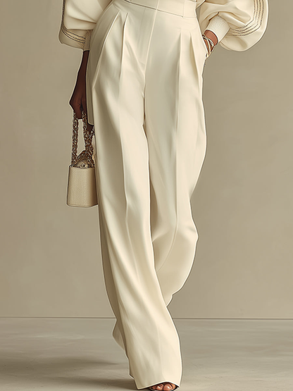 Isa | Ivory Crew Neck Top und Hochtaillierte Weite Hose Set