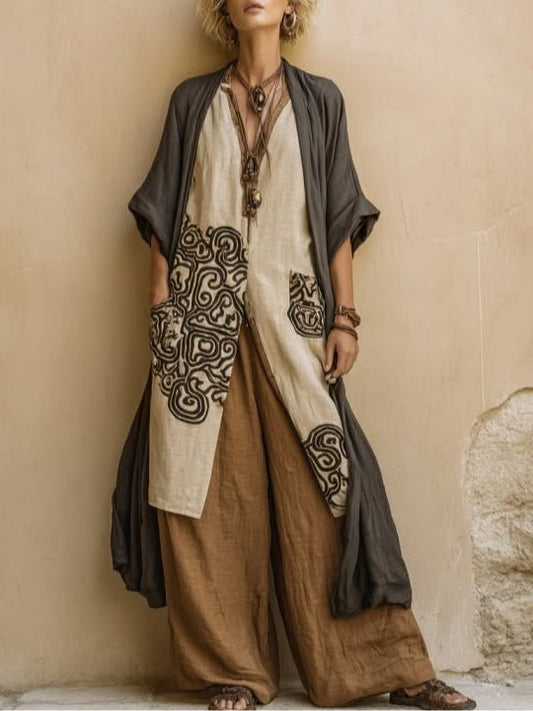 Sophie | Dunkelgrau & Braun Tribal-Print Drei-Teile-Set