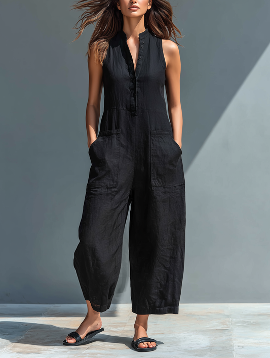 Larson - Ärmellose minimalistische Latzhose aus Mischleinen für Damen mit hohem Kragen und Knöpfen