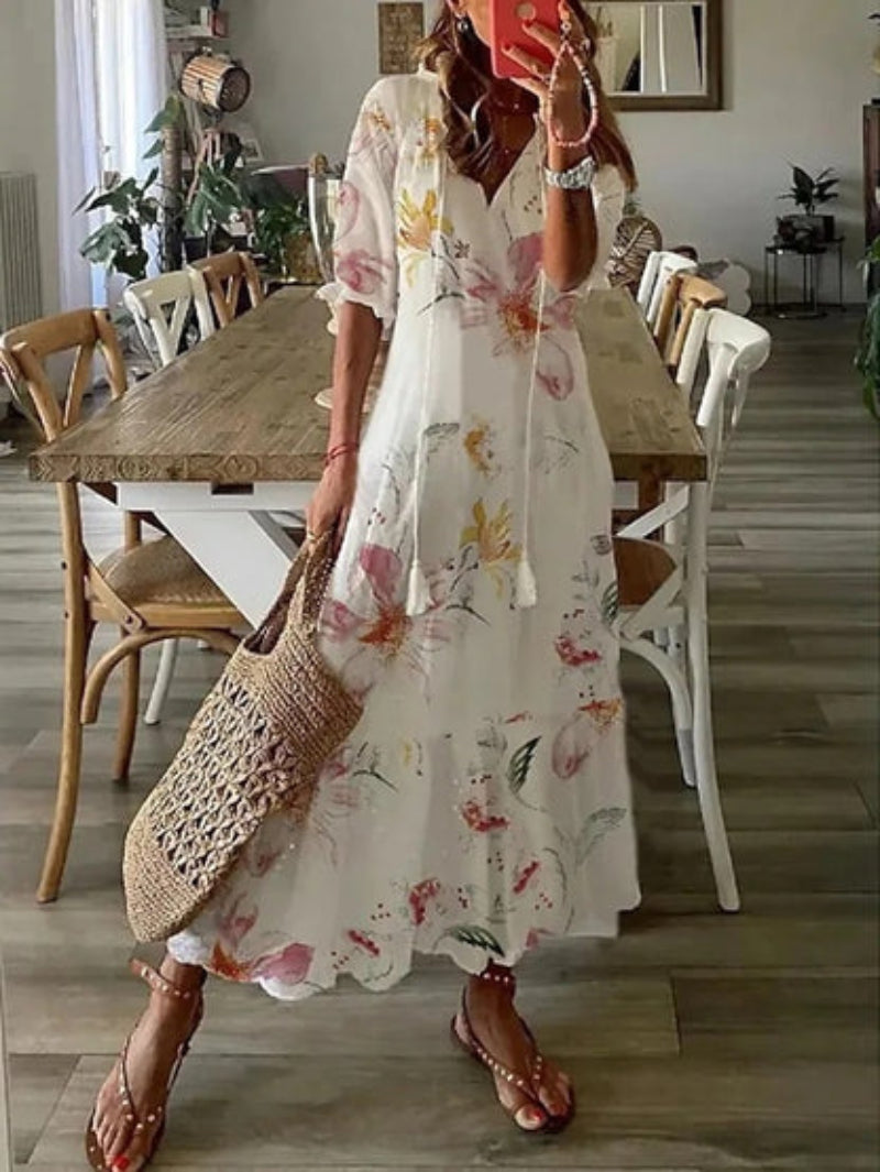 Andrea | V-Ausschnitt Bedrucktes Kleid