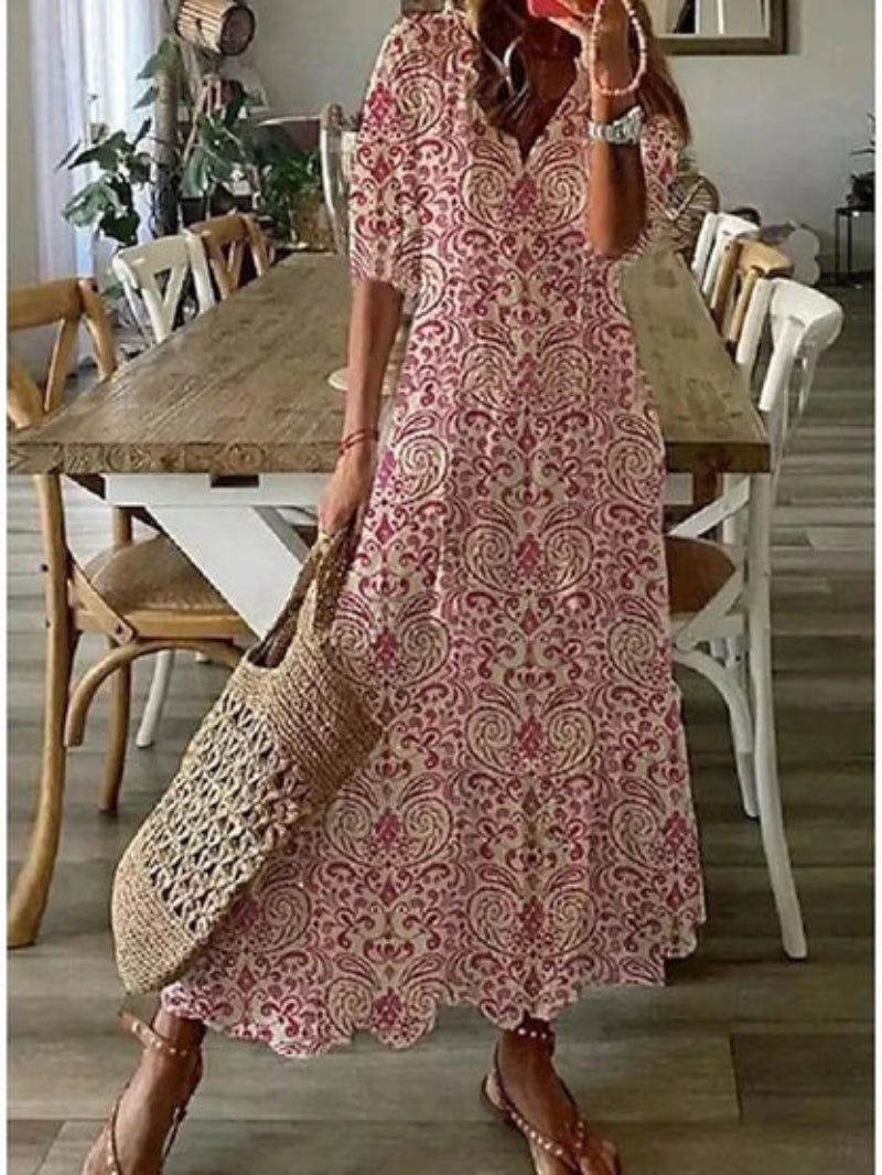 Andrea | V-Ausschnitt Bedrucktes Kleid